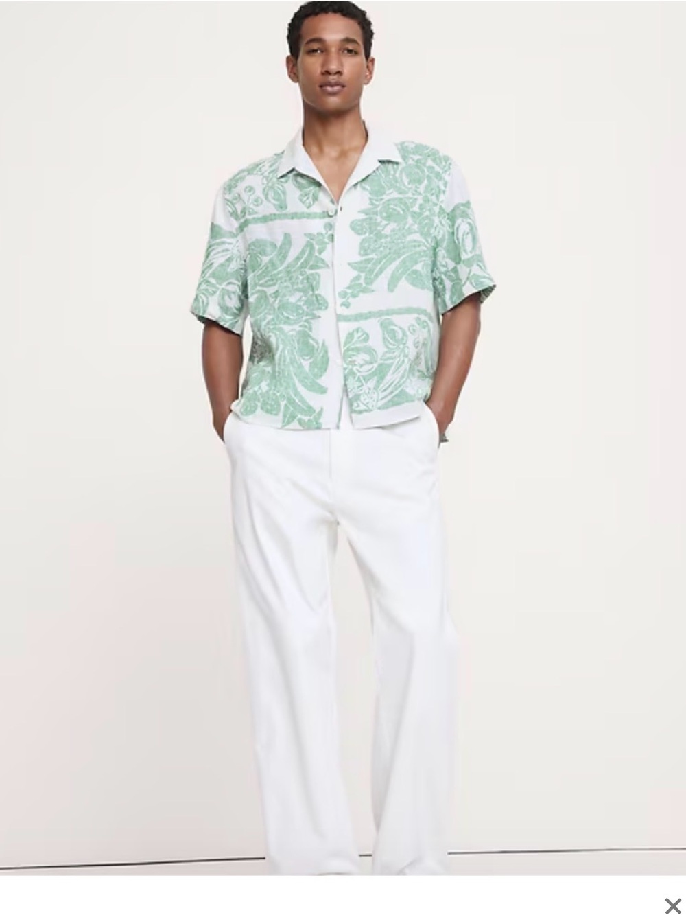 Banana Republic White Linen Shirt with Green Botanical Print